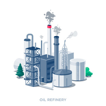 Crude oil refinery power plant station aerial view. Factory producing gas, diesel, petroleum burning fossil fuel and emissions. Dirty combustion facility. Flat isolated vector illustration on white