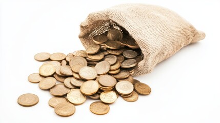 Euro Coins in a Burlap Bag on a White Background