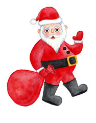 Illustration of Santa Claus. In profile. Walks and waves hand. The face is turned towards the viewer. Pulls a bag of gifts. Watercolor. Isolated on white background. Traditional clothes. Stylized.