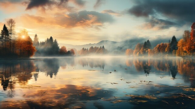 Misty Sunrise Over a Tranquil Lake