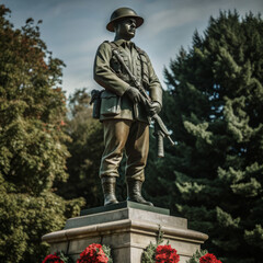 Naklejka premium Realistic Statue of Soldiers in World War Attire, Displayed in a Military Tribute Park