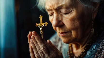 Portrait of a senior woman with closed eyes, praying with hope while holding a crucifix, embodying faith and devotion. She clutches a rosary, reflecting her deep spiritual connection.