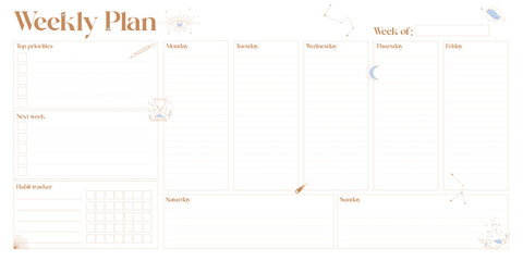 Bullet journal template. Weekly, daily planer. Mental health planer. Celestial elements