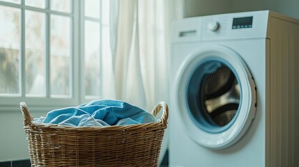 A washing machine with a laundry basket next to it	
