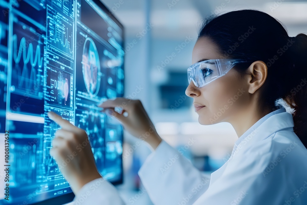 Poster diverse team of scientists collaborating in high tech laboratory for innovative research and discove
