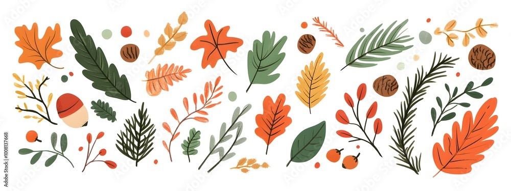 Wall mural Autumn leaves, acorns, and evergreen branches vector illustration on a white background. Flat cartoon design of fall season elements for a greeting card or decoration.