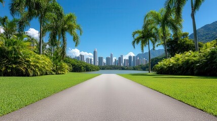 Fototapeta premium Asphalt road surrounded by a peaceful lake and lush garden, with the modern city skyline in the background under a bright blue sky