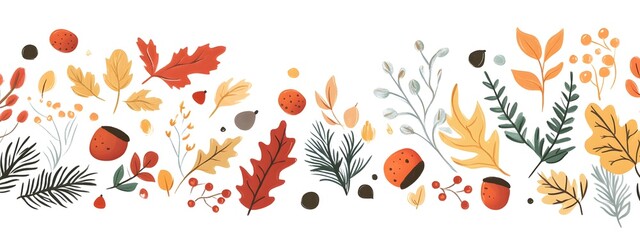 Autumn leaves, acorns, and evergreen branches vector illustration on a white background. Flat cartoon design of fall season elements for a greeting card or decoration.