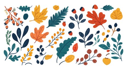 Obraz premium Autumn leaves, acorns, and evergreen branches vector illustration on a white background. Flat cartoon design of fall season elements for a greeting card or decoration.