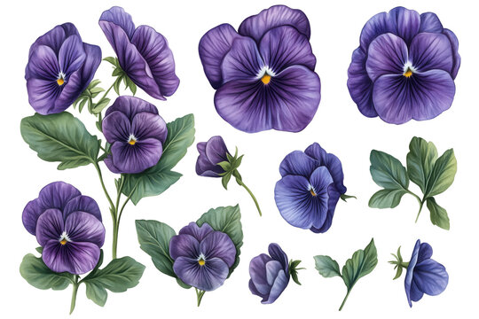 Collection of watercolor plants isolated on transparent background. Botanical, floral pattern element: purple flowers, violet buds with stems, leaves.