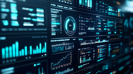 Fototapeta premium Digital Interface Displays a Complex Array of Data with Charts and Graphs for Analysis and Visualization