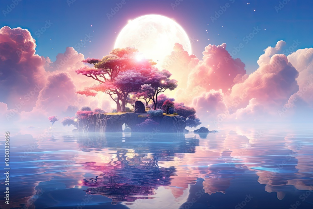 Poster an enchanting island features lush trees illuminated by a full moon with tranquil waters reflecting 