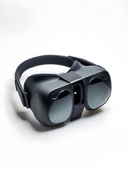 Black VR Headset with Camera Lenses on White Background.