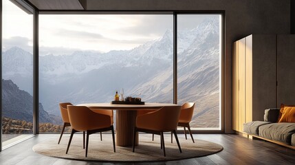 Fototapeta premium Chairs at a round wooden dining table in a brown room with a wall-sized window overlooking the mountains 