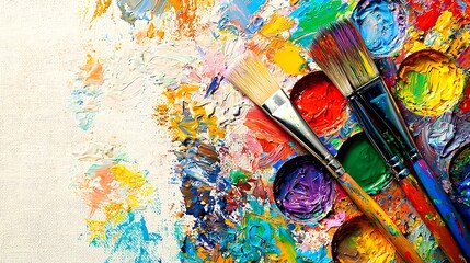 Fototapeta premium Colorful Artist Palette with Brushes and Paint