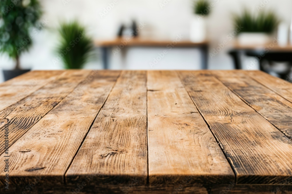 Poster empty rustic wooden table top with blurred office background