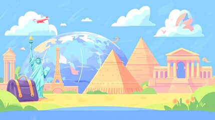 A colorful illustration featuring iconic landmarks from around the world with a travel theme.