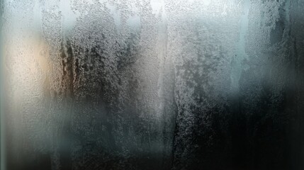 Frozen pattern on winter glass. Blue ice frost background, texture blue wallpaper. Crystals of snow on window surface. Screen overlay abstract design