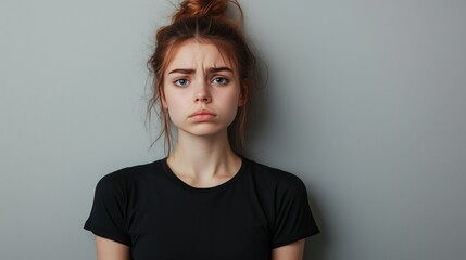 Young woman with a puzzled face. Portrait of a woman expresses emotions of frustration, discontent, fatigue and incomprehension. She does not know what to do. Person on a grey monotone background.