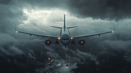 Airplane Flying Through Stormy Skies, Aviation in Rough Weather
