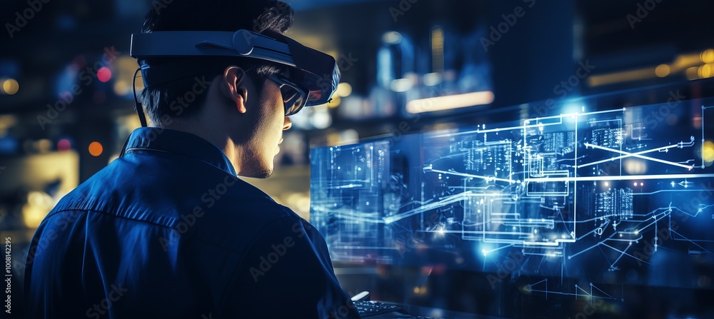 Aufkleber individual using augmented reality headset in a high-tech workspace during evening hours