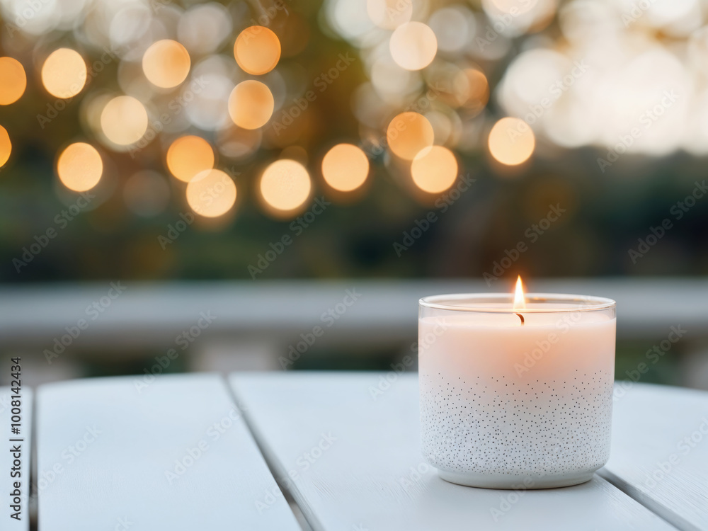 Aufkleber burning scented candle illuminating empty table on blurred background