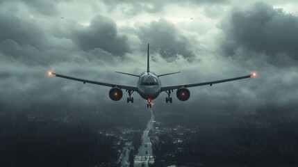 Fototapeta premium Airplane Flying Through Stormy Skies, Aviation in Rough Weather