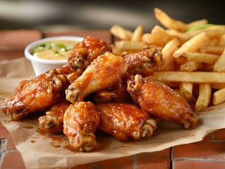 Savory Glazed Chicken Wings with Golden French Fries and Dipping Sauce on Rustic Brick Background.