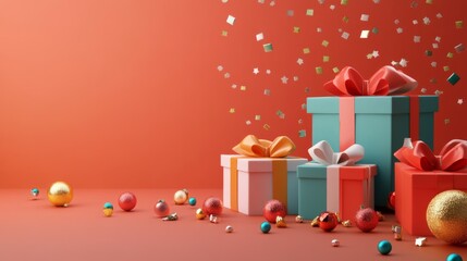 Festive Gift Boxes with Ornaments and Confetti on a Red Background