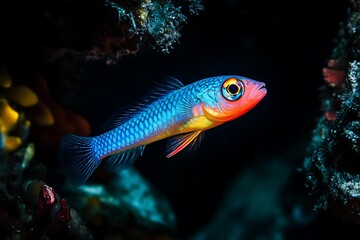 Fototapeta premium Vibrant Blue and Orange Fish Swimming in Dark Ocean Waters.