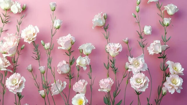 White lisianthus flowers are arranged against a pink background