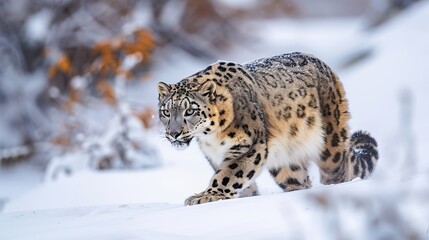 Fototapeta premium Snow Leopard Sneaking Through the Snow in the Himalayas
