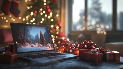 Laptop Displaying a Christmas Tree in a Snowy Forest with Gifts Around It