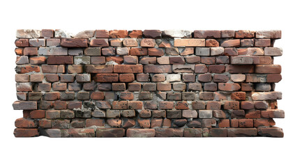 Obraz premium old red brick wall isolated on a PNG white background with no shadows or reflections. The bricks have different sizes and textures