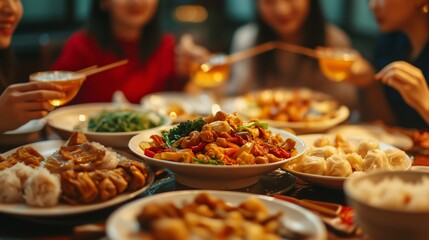 Group of friends enjoying traditional chinese food during lunar new year celebration