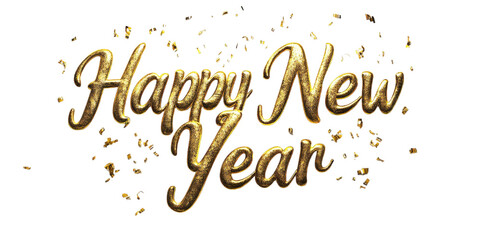 Happy new year gold text design with confetti.