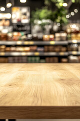 Empty wooden table top with blurred supermarket aisle background for food, grocery, product design