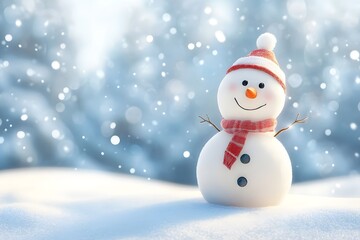 Fototapeta premium Smiling snowman standing in winter forest with falling snowflakes and blank space for decoration