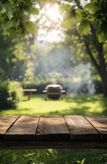 Obraz premium The background is a blurred green lawn with trees and bushes. In the foreground, there is an old wooden table with smoke from grilling meat on it. 