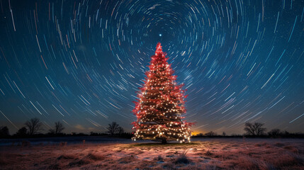 A beautifully illuminated Christmas tree stands in serene landscape, surrounded by star trails in night sky, creating magical holiday atmosphere.