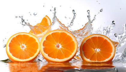 Fresh orange slices with visible splash of water on white background