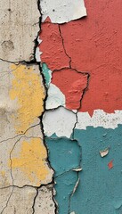 Obraz premium High-Resolution Photo of Cracked Weathered Paint on Old Concrete Wall, Close-up of Colorful Textured Surface, Natural Abstract Urban Decay Pattern