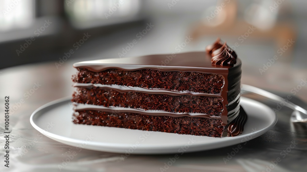 Canvas Prints A close-up of a rich slice of chocolate cake elegantly decorated with dark chocolate icing and placed on a white plate, highlighting its delicious layers and creamy texture.