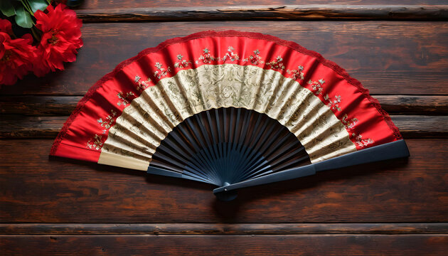 Arte y cultura espa&ntilde;ola. Hermoso abanico con motivo floral y folcl&oacute;rico sobre mantilla de terciopelo rojo. Ilustraci&oacute;n