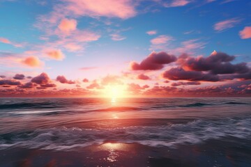 Fototapeta premium A stunning sunset casts a warm glow over the ocean reflecting vibrant colors in the sky and creating a peaceful atmosphere along the beach