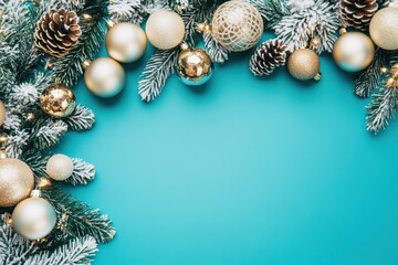 Festive holiday border with golden Christmas decorations on teal background