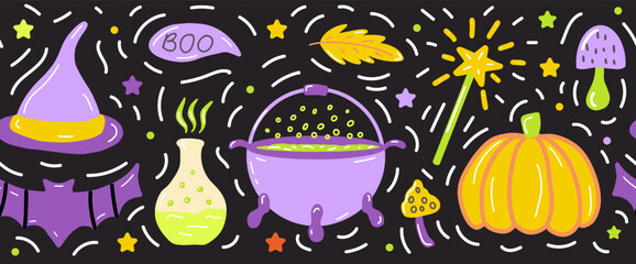 Halloween witch items colorful hand-drawn banner design. Seamless vector holiday illustration
