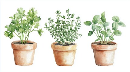 Obraz premium Herbal plants in terracotta pots arranged side by side on a white background showcasing vibrant green leaves in a kitchen setting