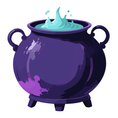 A purple cauldron-shaped container with a green liquid inside and stars floating above it white background