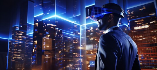 A business professional explores futuristic virtual reality in an urban landscape at night